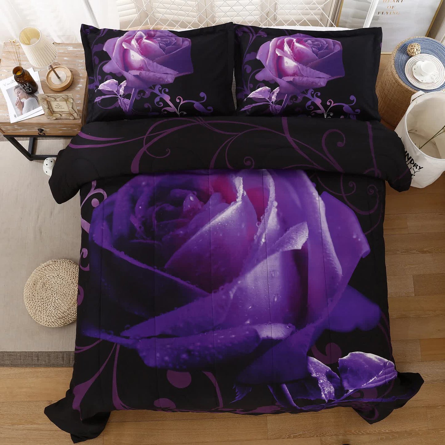 3-piece comforter set, black comforter with large purple rose pattern and two pillows