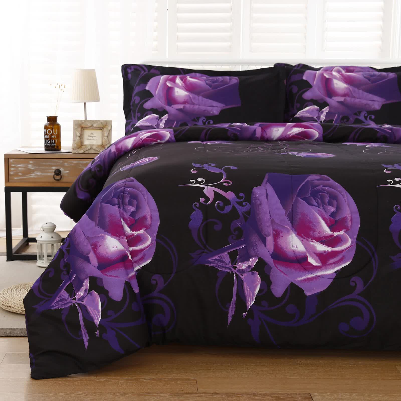 3-piece comforter set with purple and black rose floral comforter and two square pillows