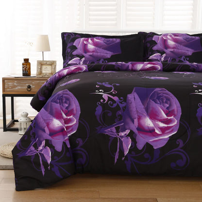 3-piece comforter set with purple and black rose floral comforter and two square pillows