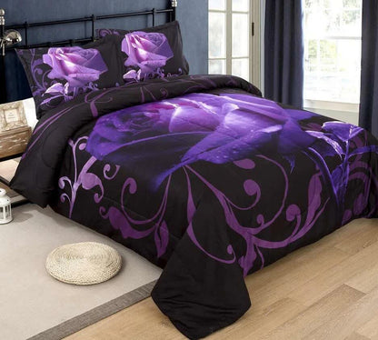 3-piece comforter set on bed, black and purple rose floral comforter with pillow shams