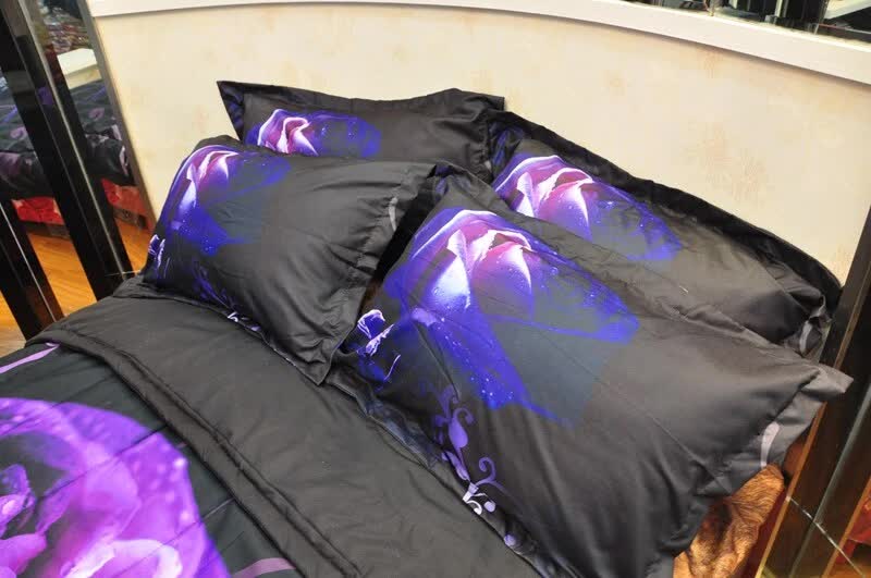 3-piece comforter set, stacked black bedding with purple rose floral design and two pillows