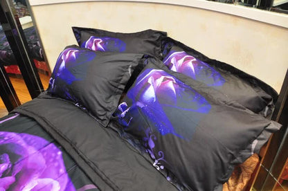 3-piece comforter set, stacked black bedding with purple rose floral design and two pillows
