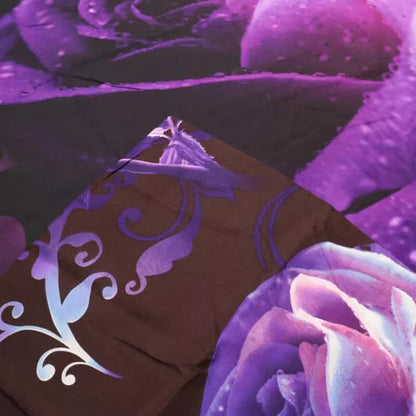 Comforter fabric close-up with purple rose motif and ornate black swirl vines