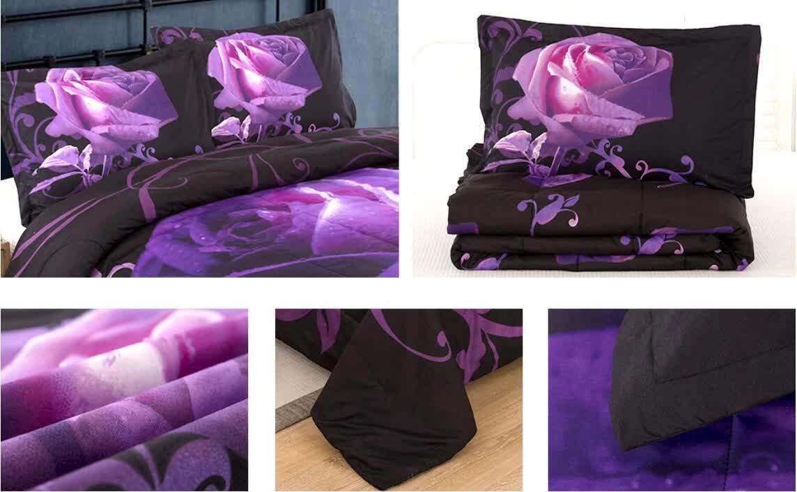 3-piece comforter set, dark base with purple rose print and matching pillowcases