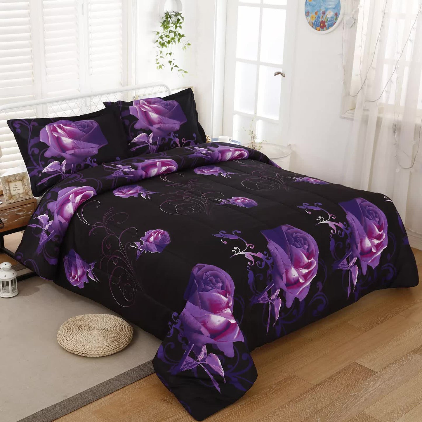 3-piece comforter set on bed, purple roses over dark swirl pattern with pillowcases