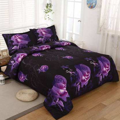 3-piece comforter set on bed, purple roses over dark swirl pattern with pillowcases