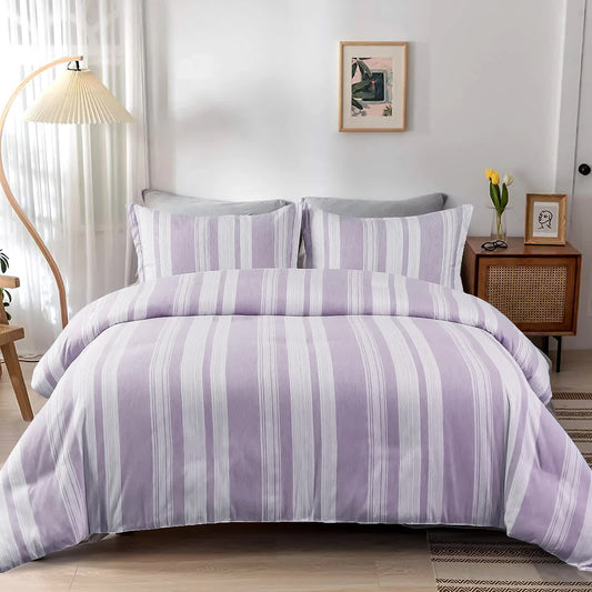 Purple and white striped 3-piece bedding set with comforter and two shams