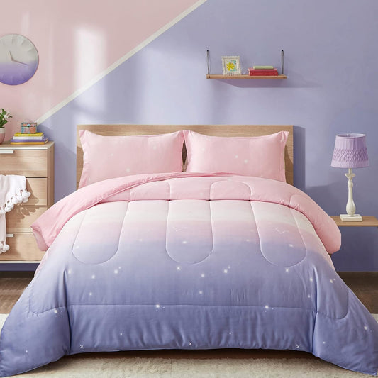 King comforter set: ombre pink-to-lavender duvet with two matching pillows
