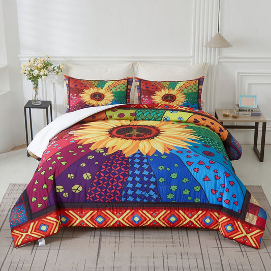 Quilted sunflower bedding set with pillowcases, colorful floral and geometric print