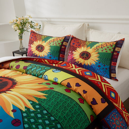 Quilted sunflower comforter with pillowcases, multicolor floral and geometric design