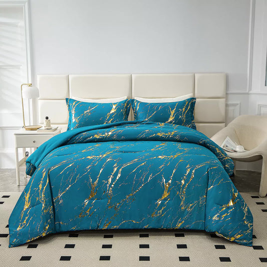 Teal comforter set with gold streak pattern, bed with two decorative pillows