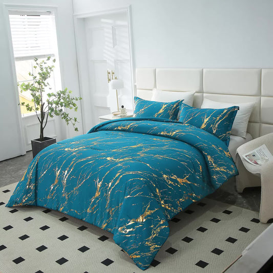 Teal comforter set with gold streak pattern, bed with shams and quilt