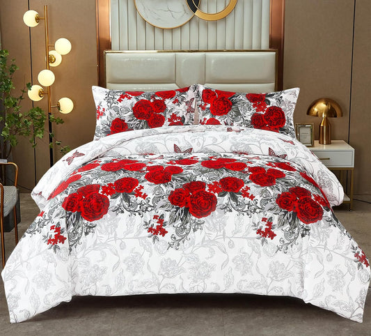 Comforter and pillow cover set with white base, red roses, and gray vine patterns