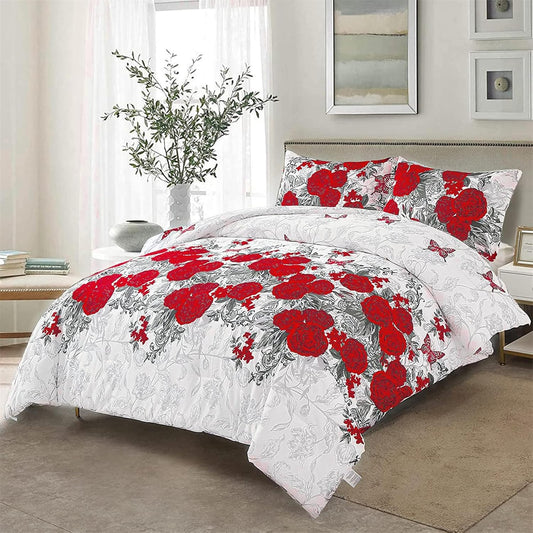 Comforter and pillow cover set on bed; white with red rose and gray damask pattern