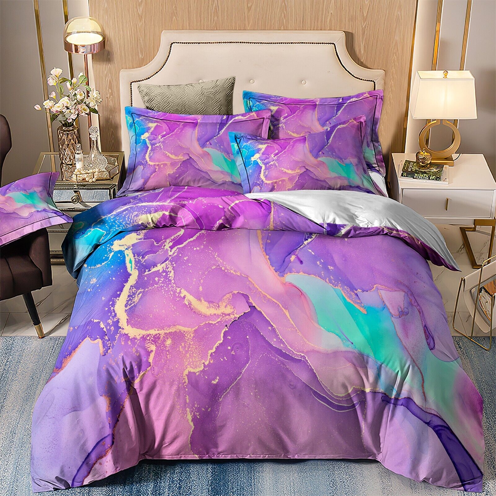 Queen comforter set with purple-blue-teal abstract marble print and matching pillow shams