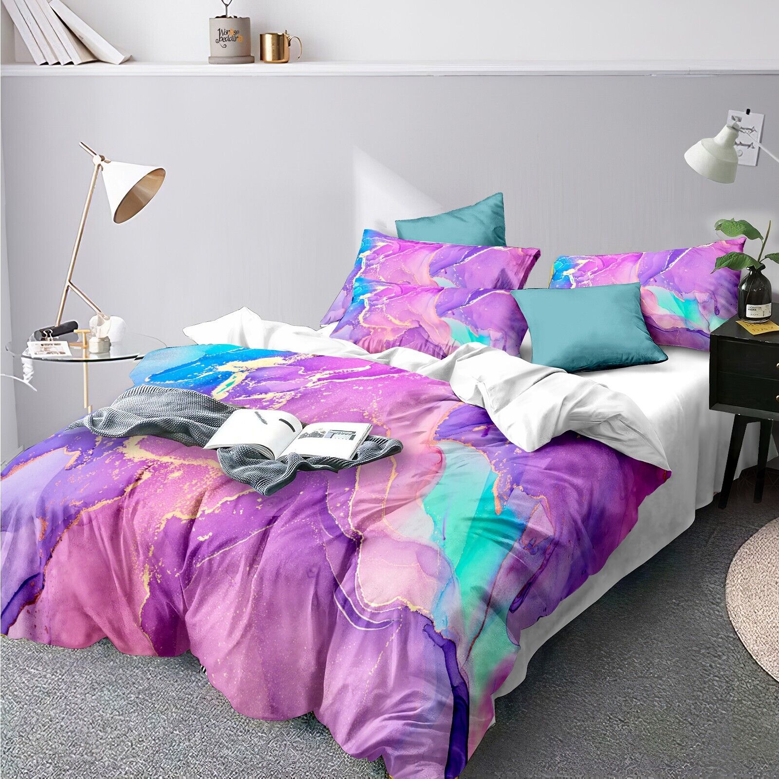 Queen comforter set with purple abstract marble print, teal accents, and matching pillow shams