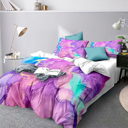 Queen comforter set with purple abstract marble print, teal accents, and matching pillow shams