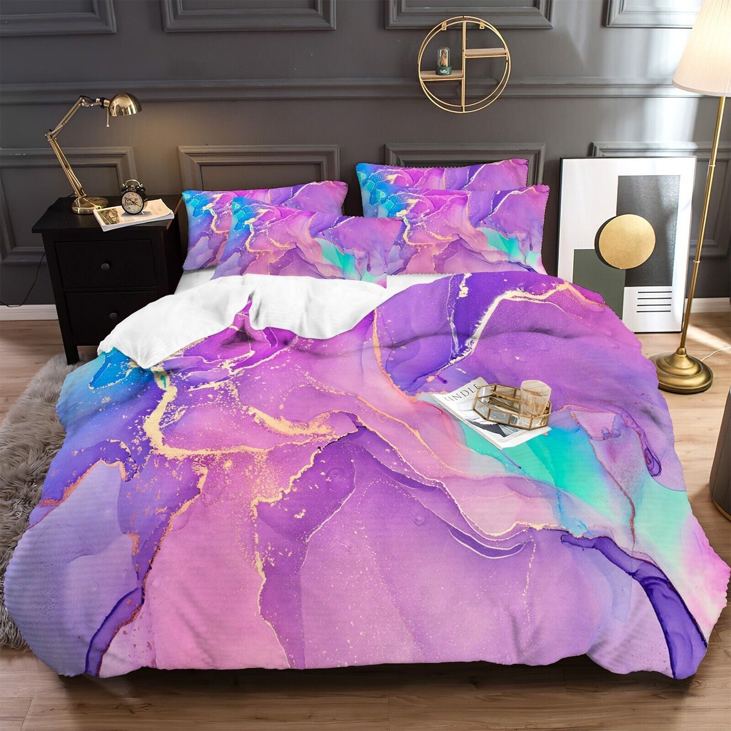 Queen comforter set with purple, blue, and teal marble pattern; includes decorative pillow shams