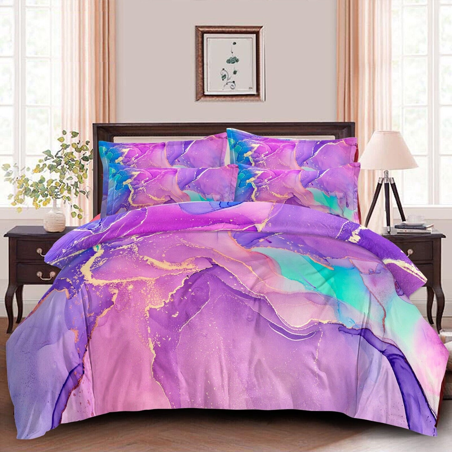 Queen comforter set with purple marble print and teal-blue accents; matching pillow shams