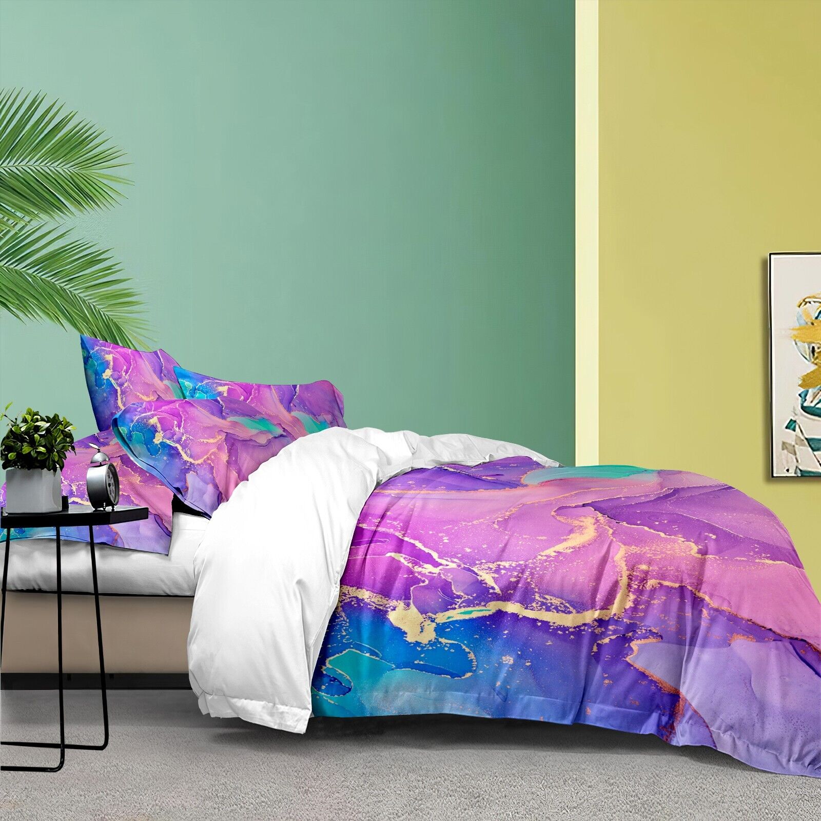 Queen comforter set with purple-blue-teal marble pattern; includes pillow shams