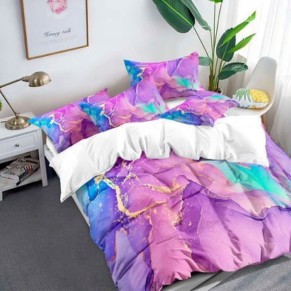 Queen comforter set with purple marble print and teal-blue streaks; matching pillow shams