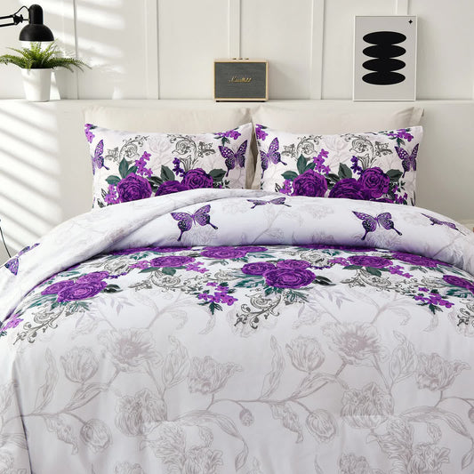 Quilted comforter set close-up with purple flowers, butterflies, and vine details
