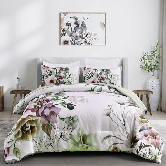 King floral comforter set with white base and green, purple, and pink blossom print