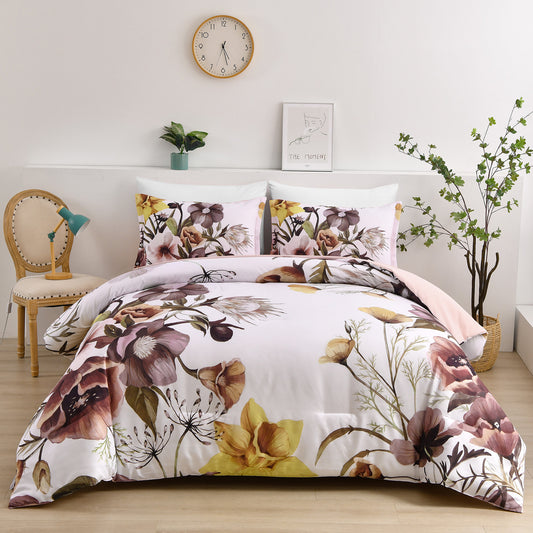 King-size floral comforter set, blush with purple flower print and two pillow shams