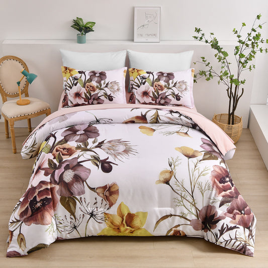 King-size floral comforter set with duvet and two pillow shams, blush border detail