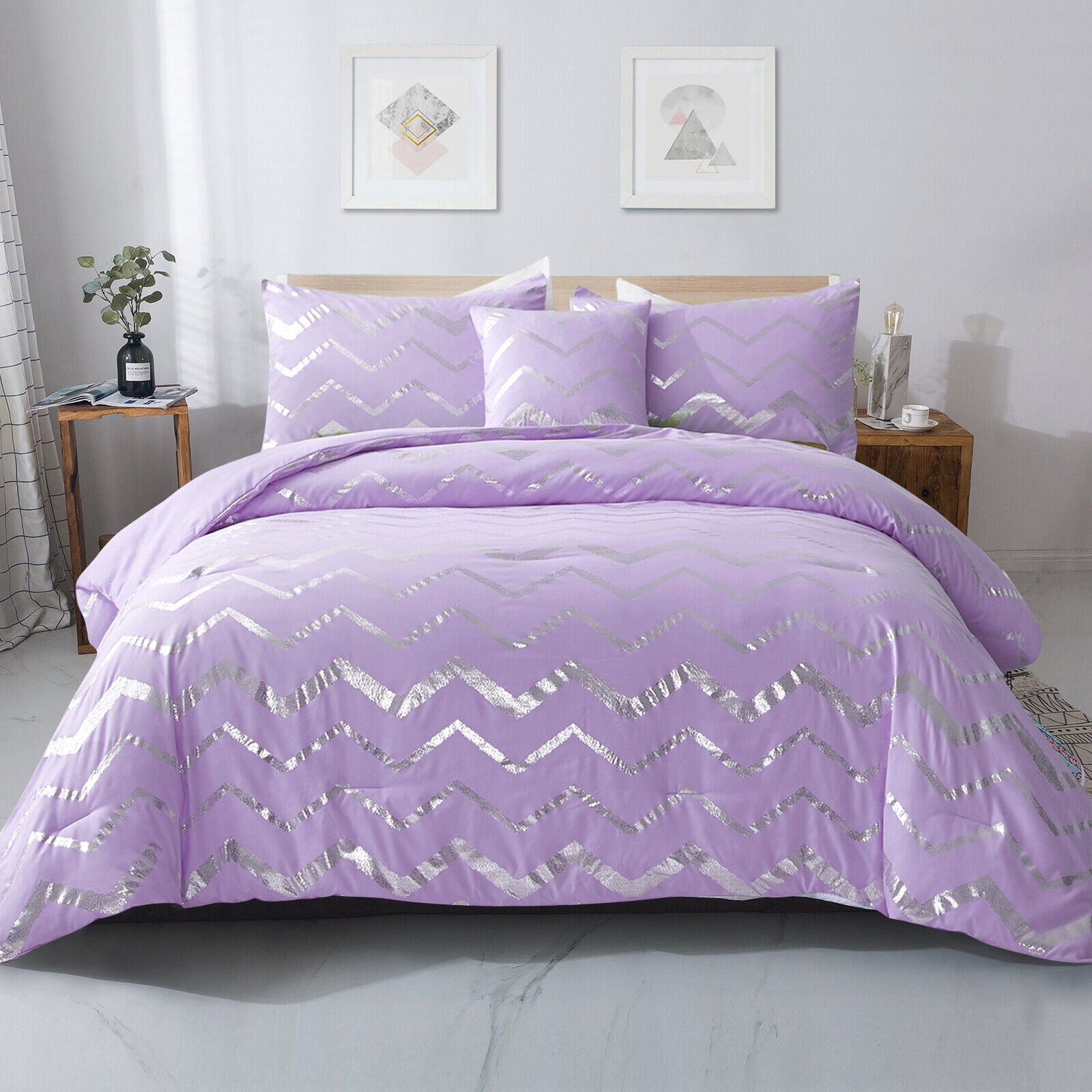King lavender comforter set with zigzag pattern and sequined accents