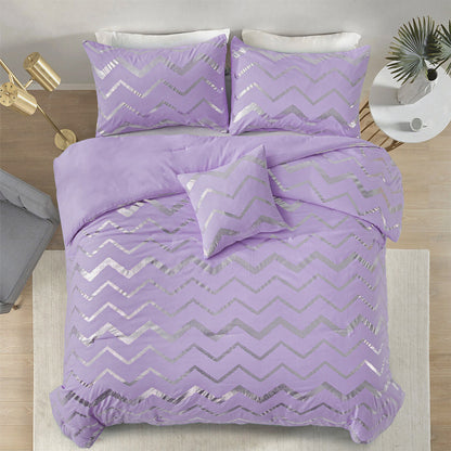 King comforter set with two pillowcases, lavender chevron with sparkle trim