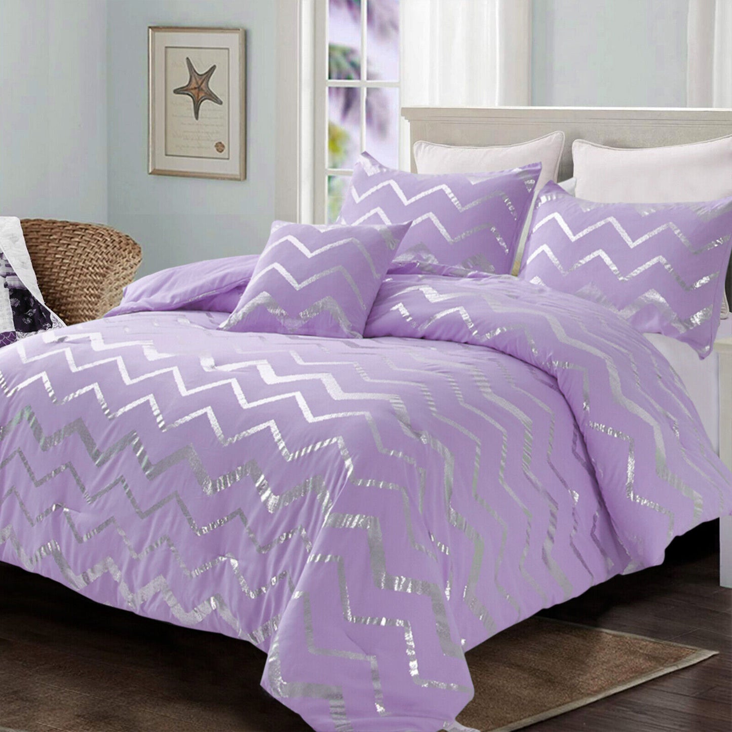Lavender comforter and pillowcases with chevron zigzag and silver sequin dots