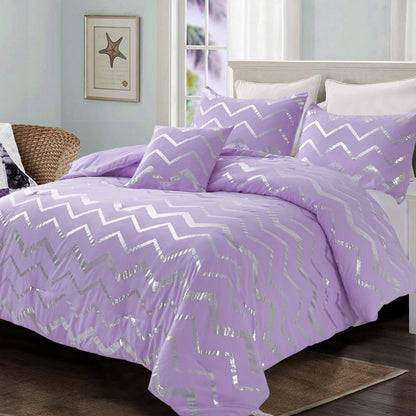 Lavender comforter and pillowcases with chevron zigzag and silver sequin dots