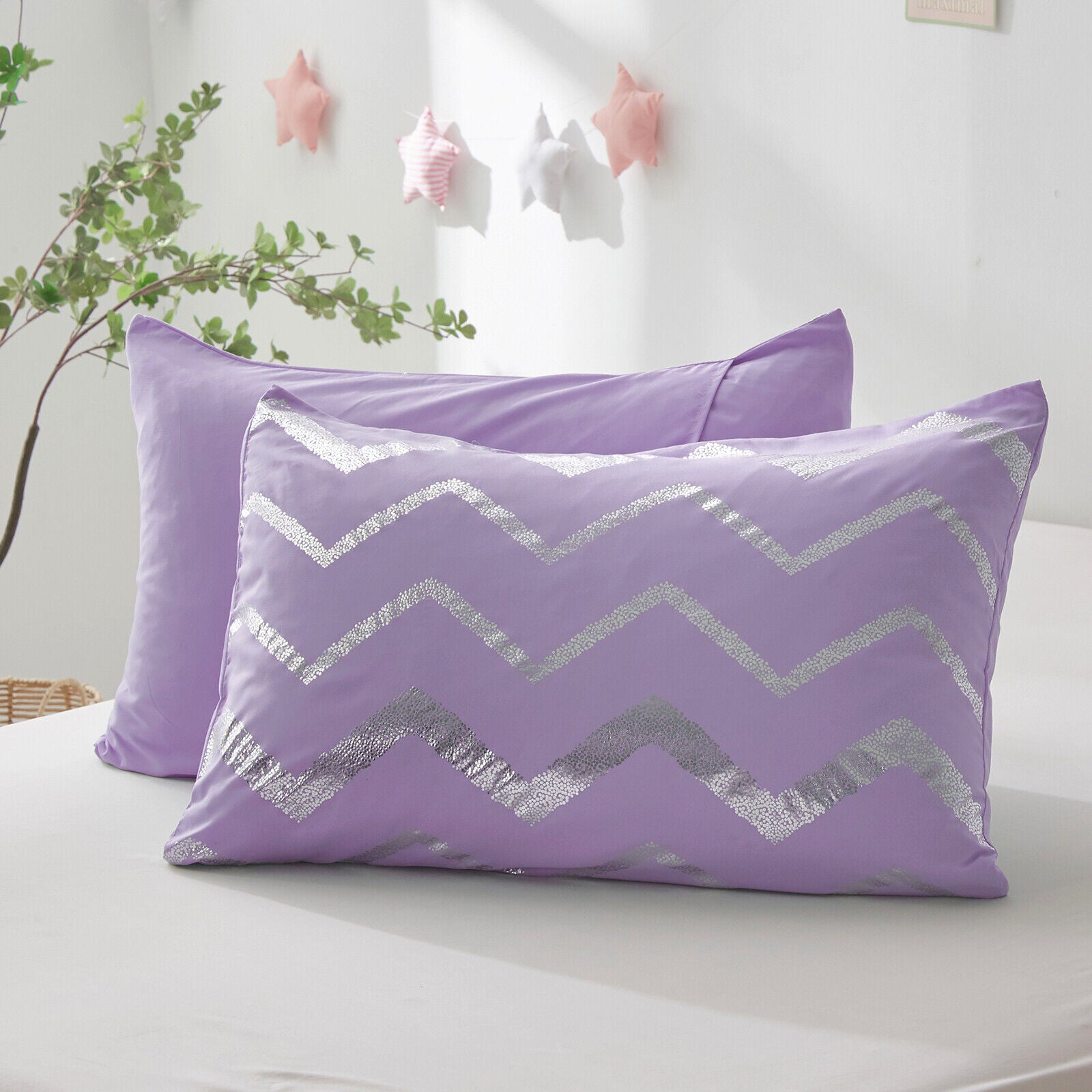Lavender pillowcases with chevron zigzag design and silver sequin dots