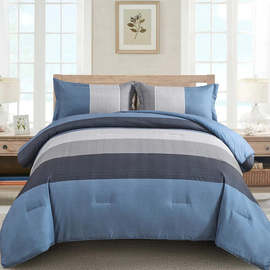 Blue striped comforter and pillow set with dark and light stripe panels