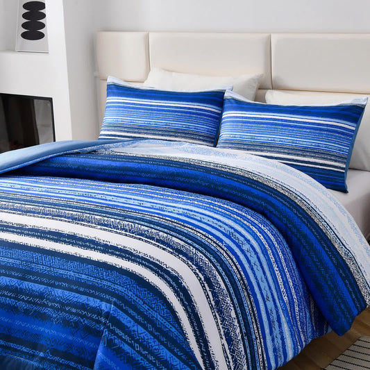 Blue and white striped comforter with two square pillow shams on a bed
