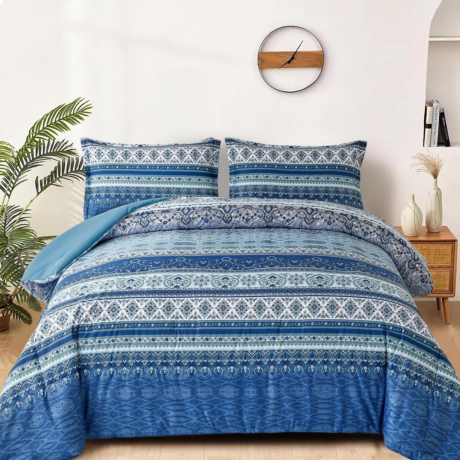 Boho blue comforter set with striped and medallion patterns and two pillow covers