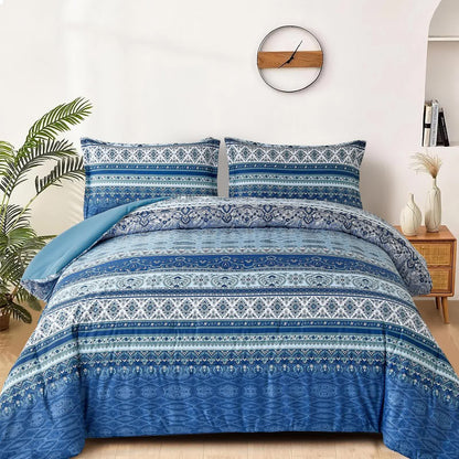 Boho blue comforter set with striped and medallion patterns and two pillow covers