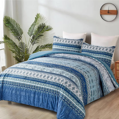 Blue boho bedding set on bed with patterned comforter and two matching pillow covers