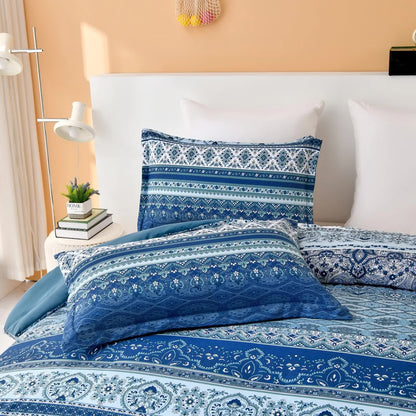 Boho blue comforter bedding set with layered prints and two patterned pillow covers