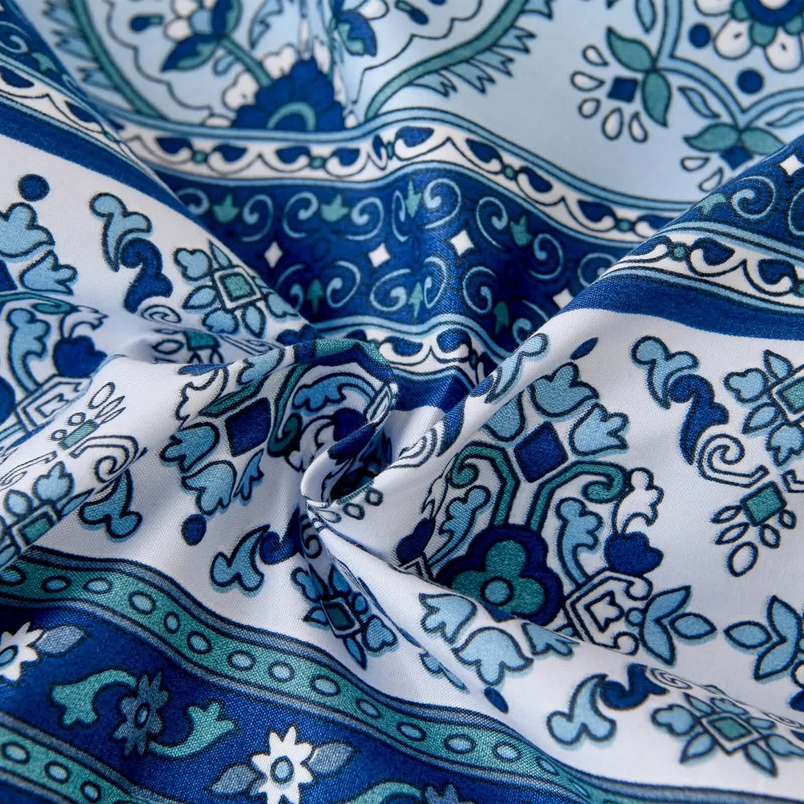 Blue boho bedding comforter fabric with floral paisley print