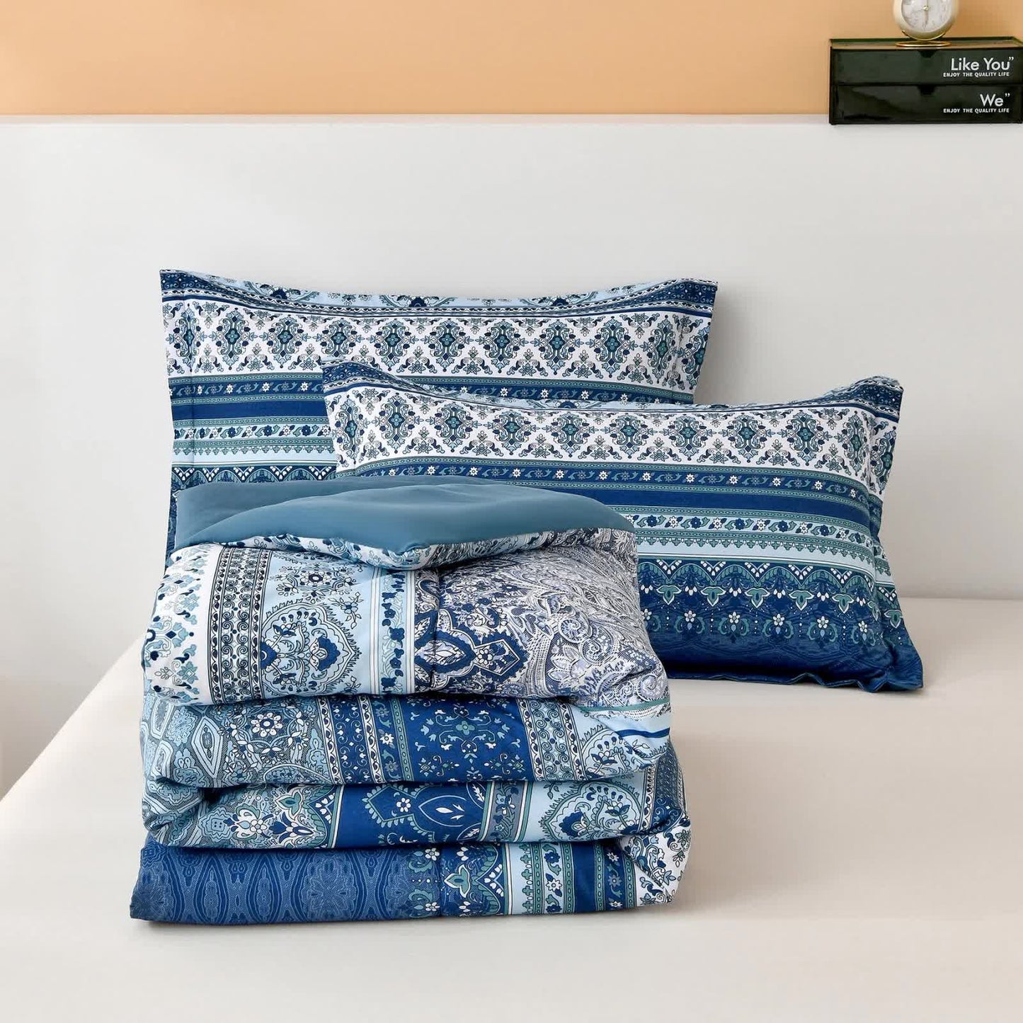 Boho bedding set with blue comforter and coordinating patterned pillow covers
