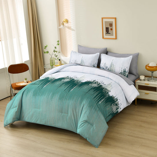 King comforter set with teal and white stripe brush pattern and matching pillowcases