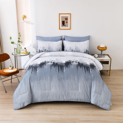King comforter set with light blue comforter and white/black brush-pattern pillows