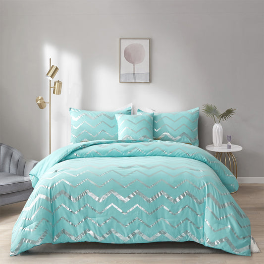 Comforter set on bed with turquoise chevron bedding and two square pillowcases
