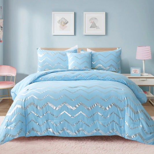 Blue bedding set with metallic silver chevron comforter and matching pillowcases