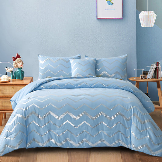 Blue comforter with metallic silver chevron zigzag and matching pillowcases