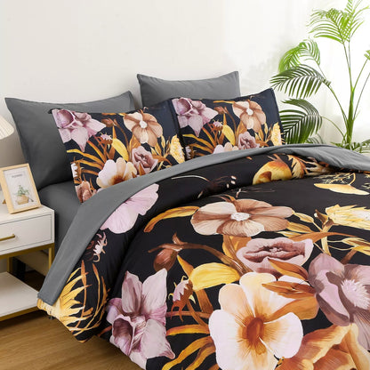 Quilted comforter set with black floral print and gray solid pillowcases