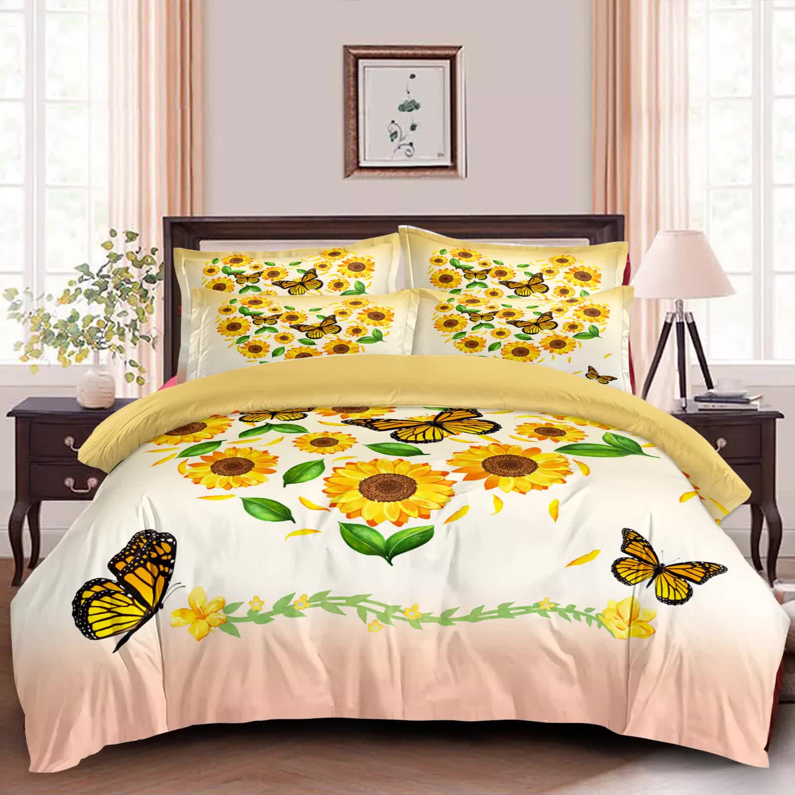 3-piece comforter set with white comforter and pillowcases, sunflower and butterfly print