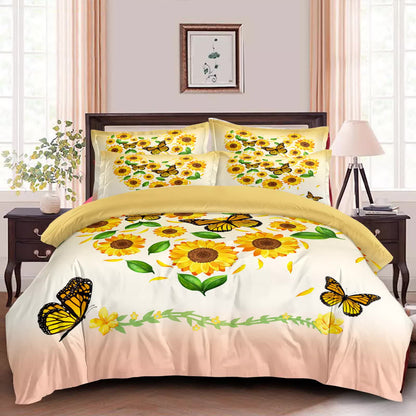 3-piece comforter set with white comforter and pillowcases, sunflower and butterfly print